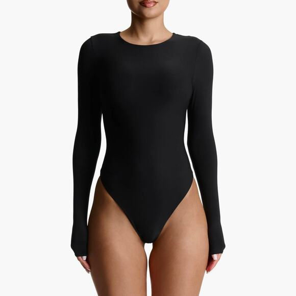 EUC Naked Wardrobe Crewneck Long Sleeve Thong Bodysuit Black Size Large NW - Picture 1 of 16